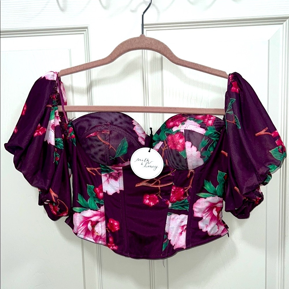 Purple Puff Sleeve Fitted Bustier Blouse